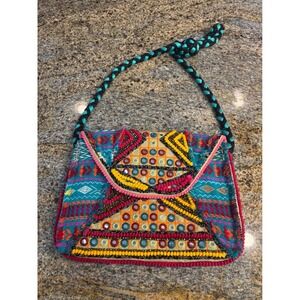 Big Buddha Embroidered Mirror Accent Messenger Bag Turquoise Pink Yellow Boho